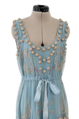 Prettiest Vintage Unlabeled Dusty Pale Blue Net Applique & Embroidered Dress w Ribbon Waist Tie