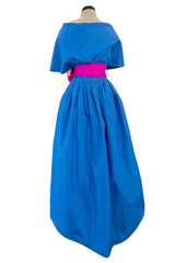 Prettiest 1980s Adele Simpson Blue Silk Plunge Wrap Dress w Brilliant Pink Sash & Caped Shoulders