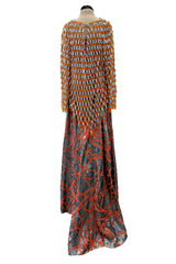 Ultra Rare 1990s Paco Rabanne Haute Couture Metallic Silver & Coral Dress w Chainlink Top & Headpiece