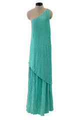Amazing 1980s Mary McFadden One Shoulder Pleated Two Piece Set Dress w Braided Belt