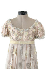 Spring 1967 George Halley Couture Pale Pink Dress w Rhinestones, Hand Emroidery & Flower Detailing