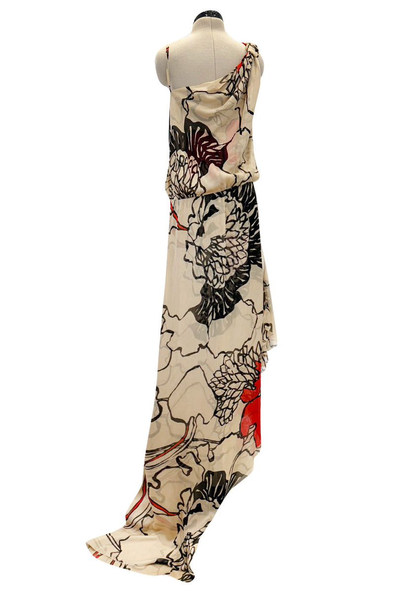 Gorgeous Early 2000s Valentino Roma Bias Cut Floral Print Dress w Bright Pops of Coral Red