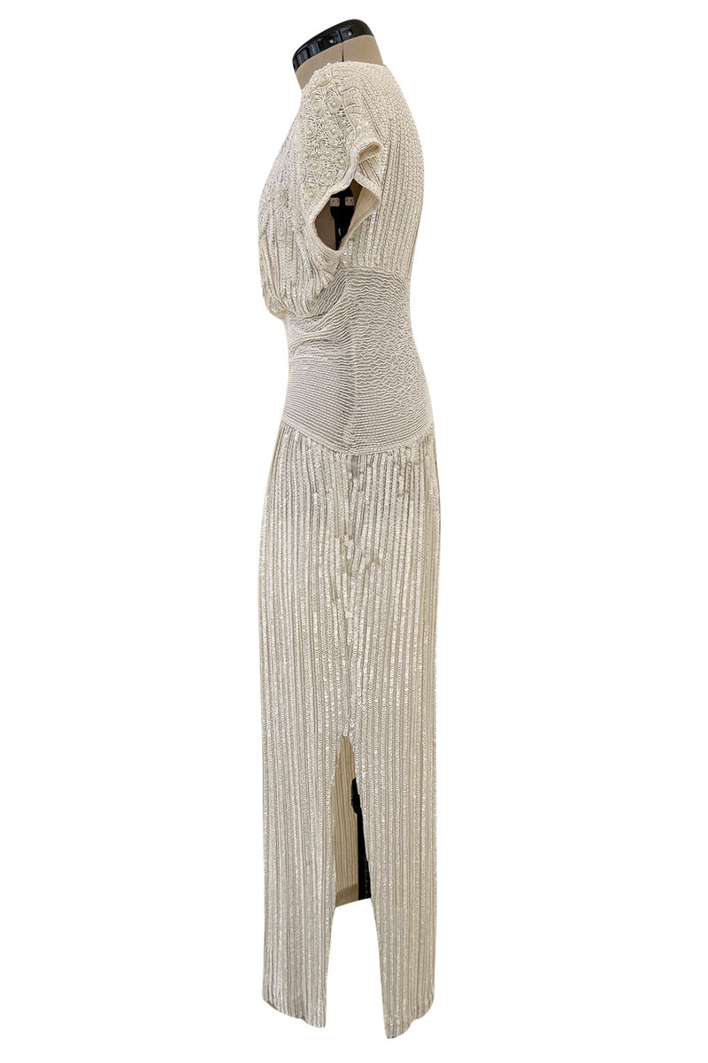 Prettiest 1970s Lillie Rubin Ivory Fully Sequinned & Applied Tube Beads on Silk Chiffon Dress