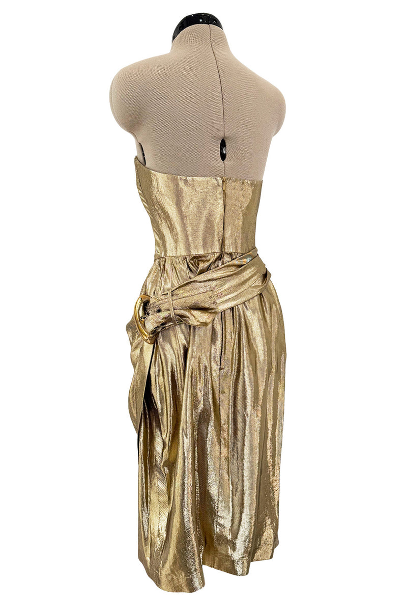 Fabulous c.1984 Thierry Mugler Strapless Metallic Gold Lurex Mini Dress w Buckle Detail