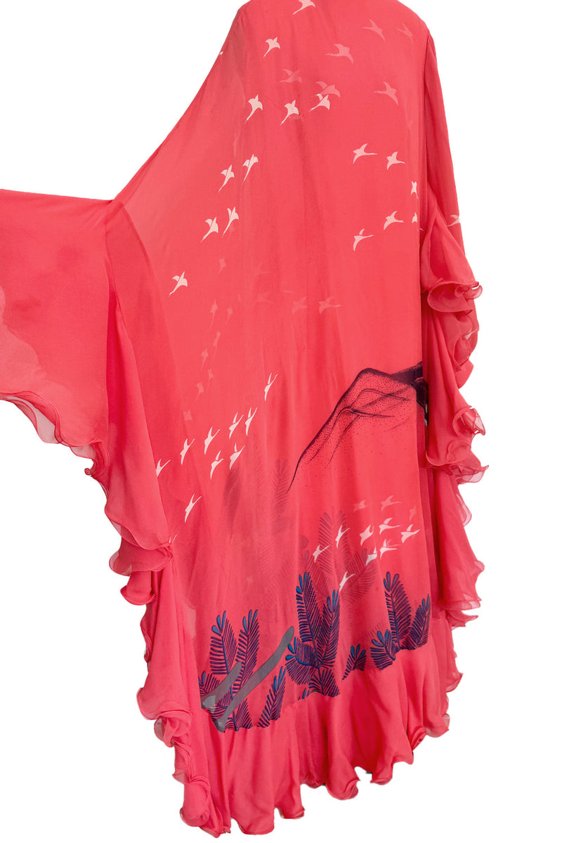Important Fall 1972 Hanae Mori Couture Ad & Book Piece Silk Chiffon Printed & Ruffled One Sleeve Caftan Dress