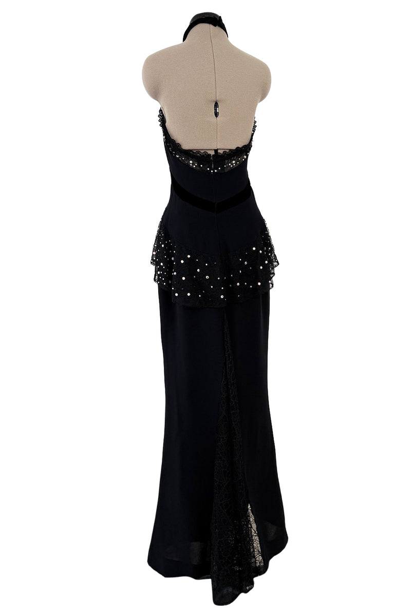 Phenomenal 1997 Christian Lacroix Black Silk Halter Dress w Rhinestone & Velvet Detailing Phenomenal 1997 Christian Lacroix Black Silk Halter Dress w Rhinestone & Velvet Detailing