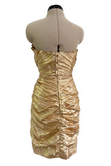 Outstanding Spring 1986 Thierry Mugler Pleated Metallic Gold Lurex Pleated Strapless Bodice 'Shell' Dress