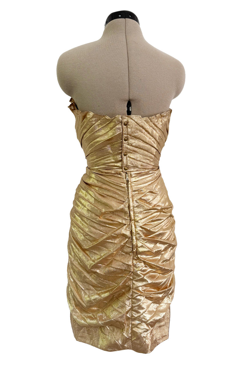 Outstanding Spring 1986 Thierry Mugler Pleated Metallic Gold Lurex Pleated Strapless Bodice 'Shell' Dress