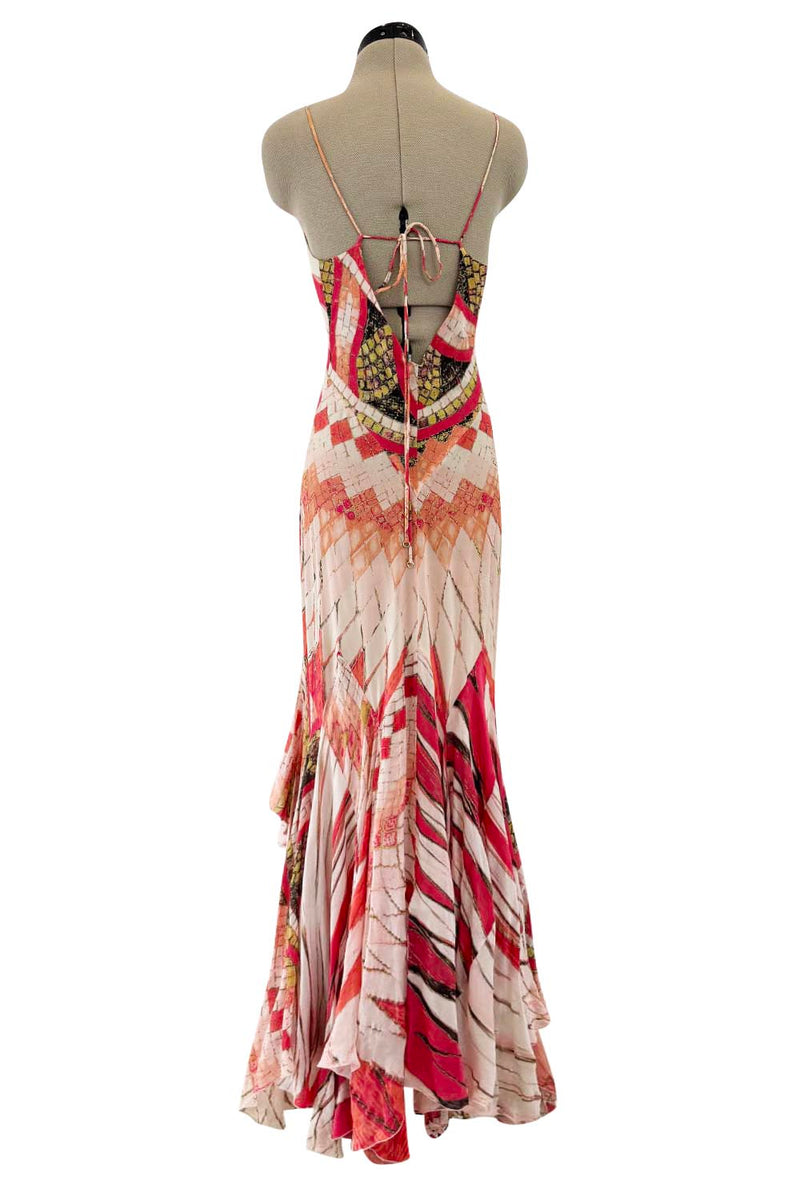 Rare Spring 2004 Roberto Cavalli Runway Look 23 Feather Light Silk Coral & Gold Print Dress