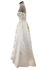 1950s Philip Hulitar Couture Strapless Gathered Front Champagne Ivory Silk Dress w Bow