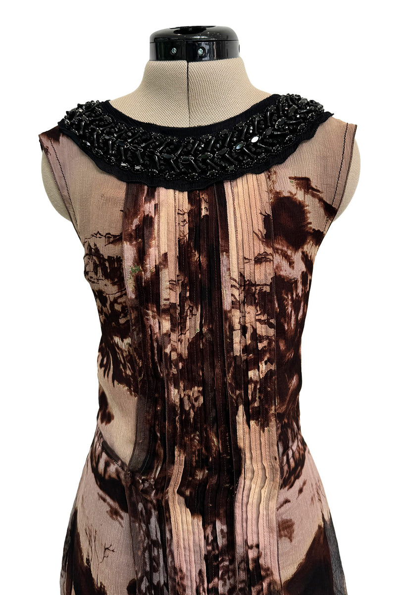 Prettiest Fall 2004 Prada Runway & Ad Campaign Print Silk Chiffon Dress w Beaded Detailing