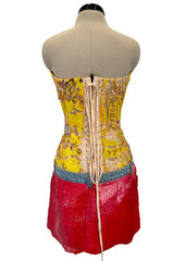Very Rare Spring 2003 Roberto Cavalli Printed Silk & Net Boned Corset & Red Sequin Mini Skirt Set
