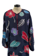 Easy-to-Wear 1980s Hanae Mori Printed Leaf & Flower Blue Silk Caftan Dress w Wide Sleeves