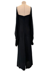 Minimalist c.1978 Pierre Cardin Haute Couture Black Silk Chiffon Dress w Huge Balloon Sleeves