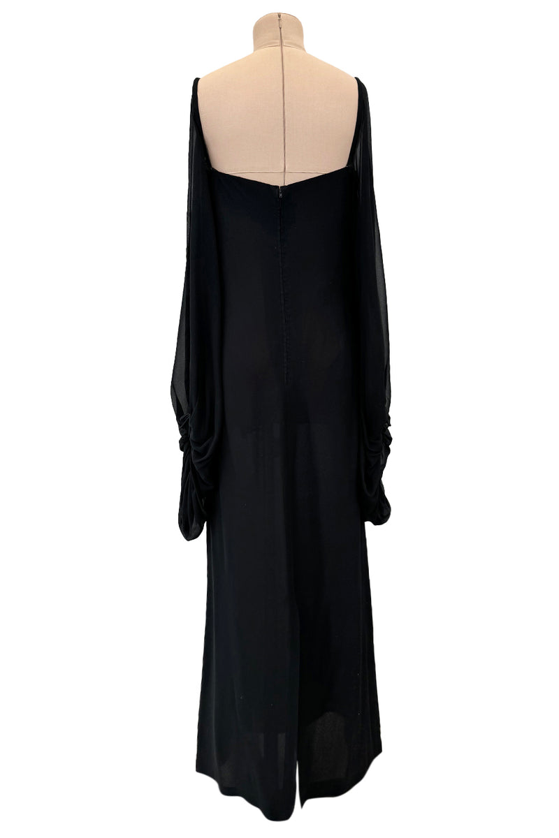Minimalist c.1978 Pierre Cardin Haute Couture Black Silk Chiffon Dress w Huge Balloon Sleeves