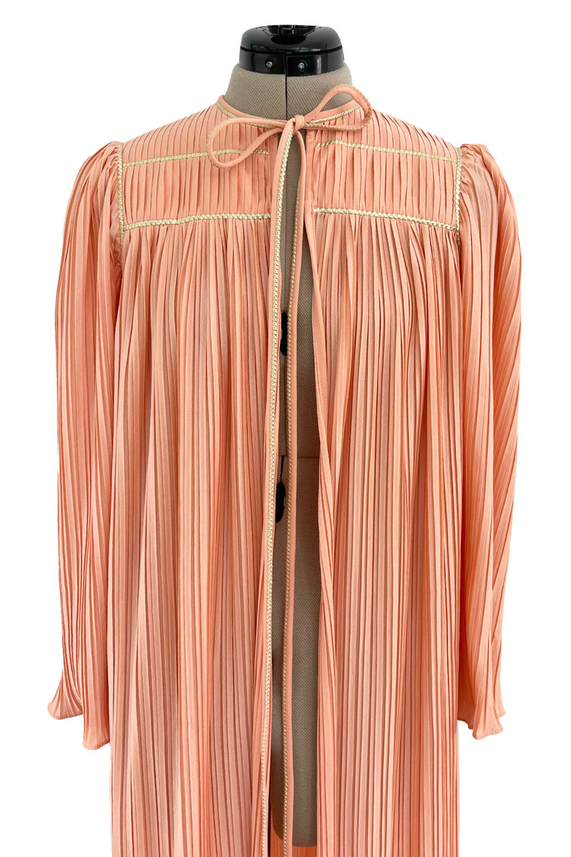 Versatile 1981 Bill Tice Full Length Pleated Peach Coloured Jersey Coat w Gold Cord Detailing