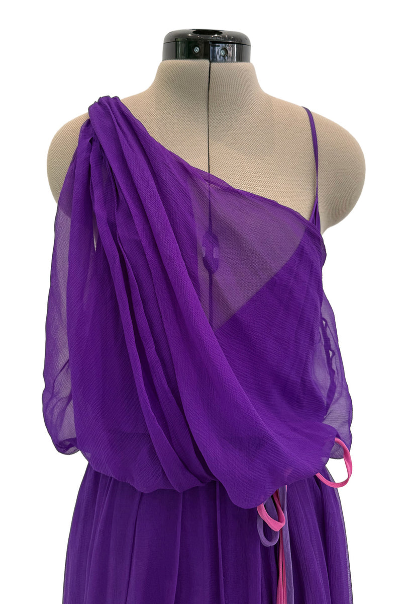 Spring 2001 Christian Dior by John Galliano Purple Silk Chiffon One Shoulder dress w Matching Pink & Red Floral Tie Belt
