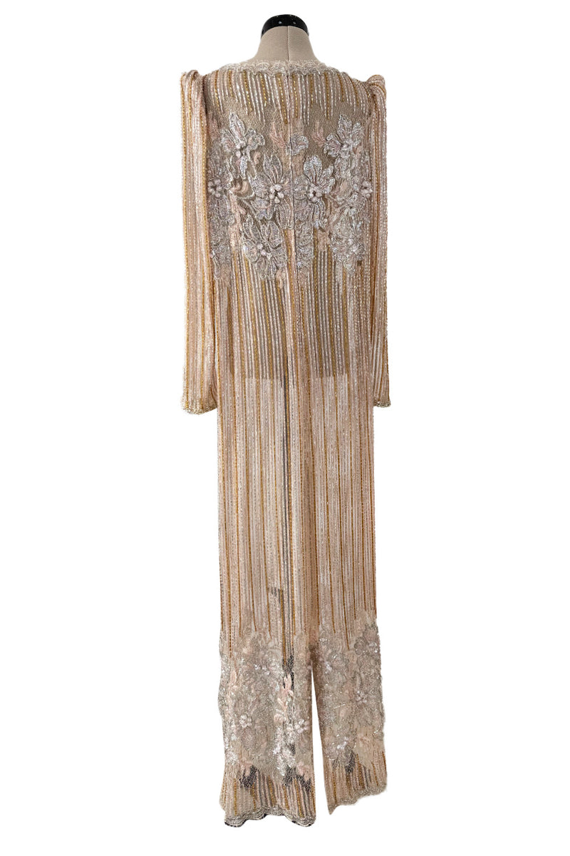 Gorgeous 1980s Unlabeled Fernando Pena Metallic Gold Thread & Pink Bead Sequin & Net Dress