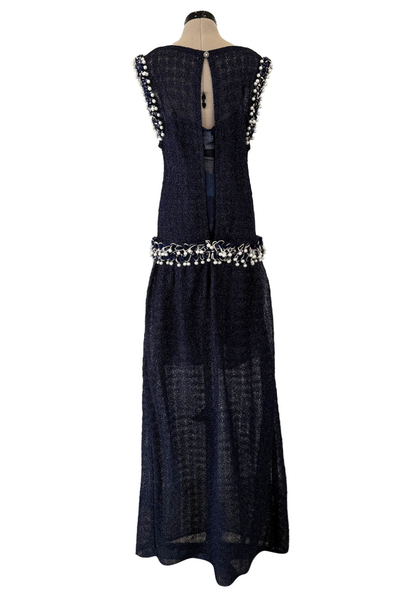 Phenomenal Fall 2010 Chanel by Karl Lagerfeld Deep Blue & Silver Metallic Knit Dress w Glass Pearl Detailing