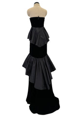 Exceptional Fall 2005 Original Valentino Runway Look 82 Black Velvet Dress w Bows, Silk Tiers & Pink Detailing