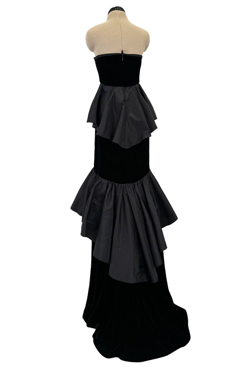 Exceptional Fall 2005 Original Valentino Runway Look 82 Black Velvet Dress w Bows, Silk Tiers & Pink Detailing