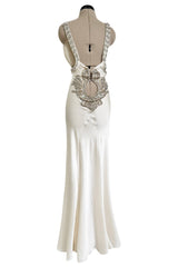 Iconic Spring 2006 Roberto Cavalli Front Plung & Open Back Heavily Detailed w Rhinestone Bias Cut Ivory Silk Dress