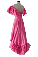 1980s Unlabeled Demi-Couture Pink Silk Dress w Ruffled Front & Caped Shoulders
