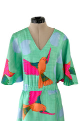 Prettiest 1970s Hanae Mori Green & Tropical Bird Printed Caftan Dress w Curved Sleeves
