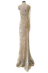 Exquisite Spring 1993 John Anthony Hand Beaded One Shoulder Dress on Pale Gold Silk Net