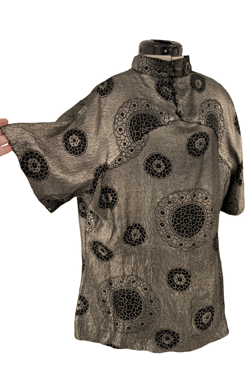 Decadent 1920s Unlabeled Real Metal Thread Metallic Lame & Black Pattern Easy Fit Top