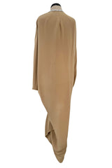 Incredible 1978 Pierre Cardin Haute Couture Soft Taupe Silk Cape Dress w Rhinestone Detailing