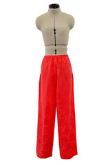 1970s Oscar de la Renta Coral Orange Wide Leg Pant & Long Caftan Tunic Set w Silk Cord Detailing