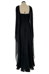 Gorgeous Spring 1989 Bill Blass Runway Black Silk Halter Chiffon w Trailing Shoulder Panels