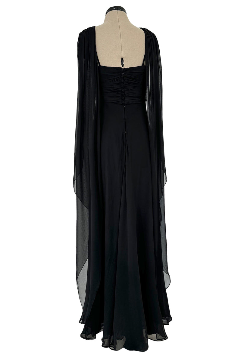 Gorgeous Spring 1989 Bill Blass Runway Black Silk Halter Chiffon w Trailing Shoulder Panels