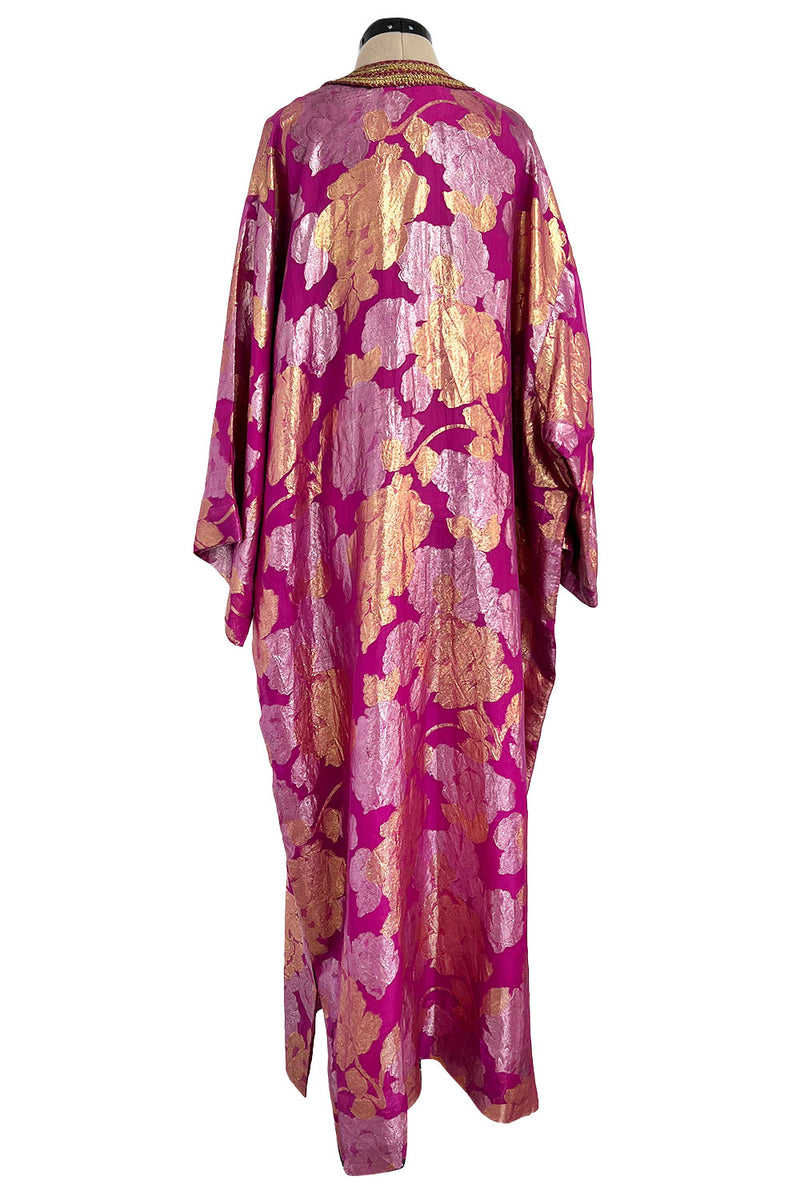 Stunning 1970s Jean Louis Metallic Pink Gold & Silver Caftan Dress w Gold & Pink Braiding