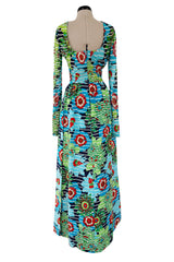 1972 Lanvin by Jules-Francois Crahay Printed Silk Jersey & Waffle Weave Low Back Dress