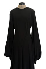Exceptional 1970s George Stavropoulos Couture Black Silk & Bias Cut Dress w Balloon Sleeves & Flowing Skirt