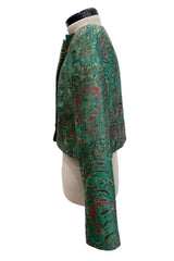 c1993 Yves Saint Laurent Brilliant Green Cropped Jacket w Gold & Red Metallic Detailing