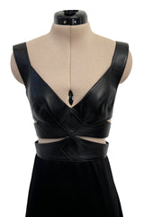 Incredible Fall 2021 Alaia Leather Cut Out Bustier Dress w Cage Back & Hammered Silk Skirt