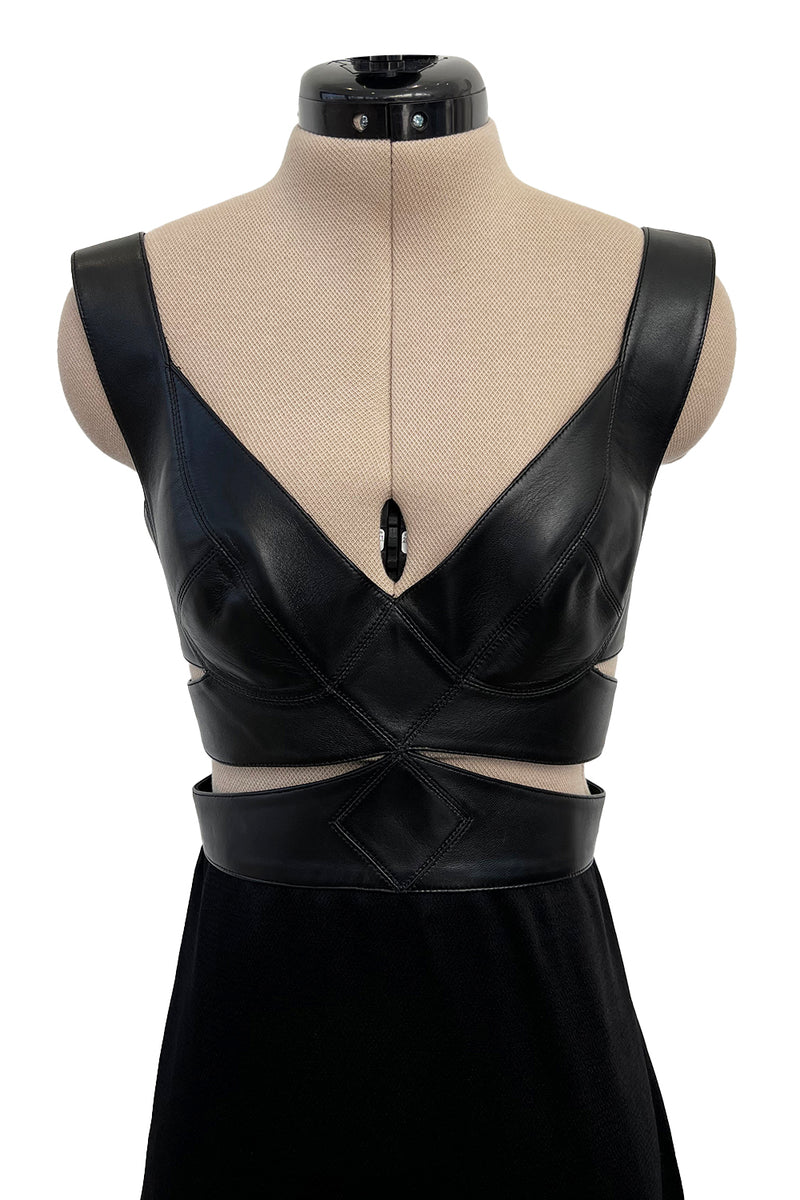 Incredible Fall 2021 Alaia Leather Cut Out Bustier Dress w Cage Back & Hammered Silk Skirt