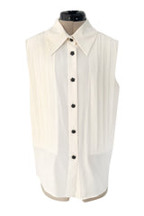 Spring 2015 Chanel by Karl Lagerfeld Runway White Crepe de Chine Pleated Blouse W Handmade Camellia Buttons