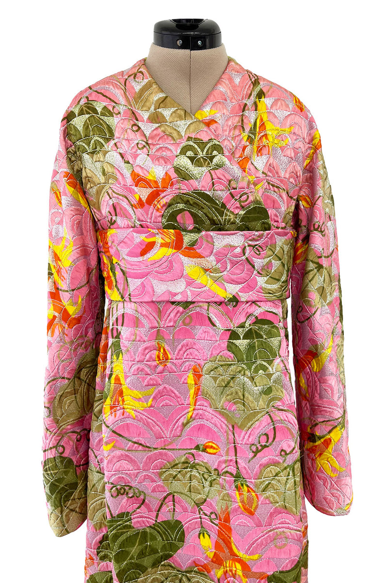 Stunning Fall 1970 Bill Blass Pink Quilted SIlk Floral Pattern Metallic Dress w Banded Waist