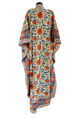 Prettiest 1960s Hand Block Printed Coral Blue & Ivory 100% Cotton Full Caftan w Front Belt