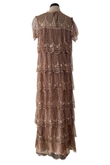 Prettiest 1960s Gold & Taupe Net Lace & Rhinestone Tiered Scalloped Edge Dress