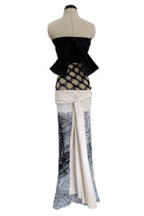 Fantastic Spring 2001 Jean Paul Gaultier Runway Multi Length Mesh Band Dress w Jersey Face Print Skirt