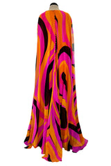 Spectacular c.1972 La Mendola Brilliant Pink, Orange, Tangerine & Black Silk Chiffon Caftan w Floor Length Cape Sleeves Sleeves