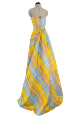 Beautiful Late 1980s Pierre Balmain Pastel Blue & Yellow Feather Light Strapless Silk Dress w Full Skirt