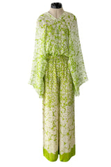 Fantastic 1970s Pauline Trigere Two Piece Green Silk Chiffon  Plunge Top & Wide Leg Pant Set