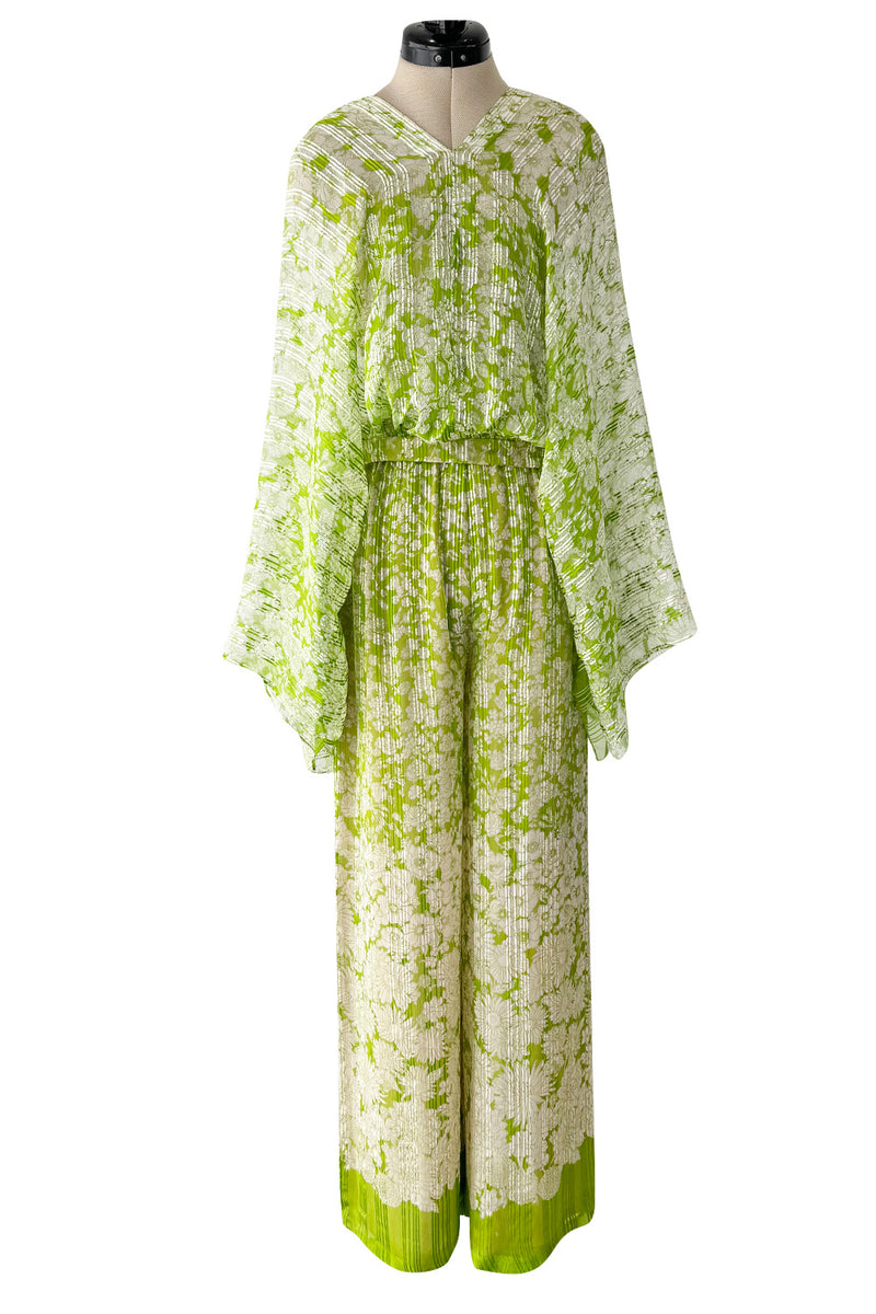 Fantastic 1970s Pauline Trigere Two Piece Green Silk Chiffon  Plunge Top & Wide Leg Pant Set