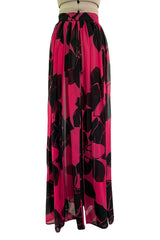 Multifunctional 1970s or 1980s Original Valentino Deep Pink & Black Printed Silk Chiffon Open Front Over Skirt